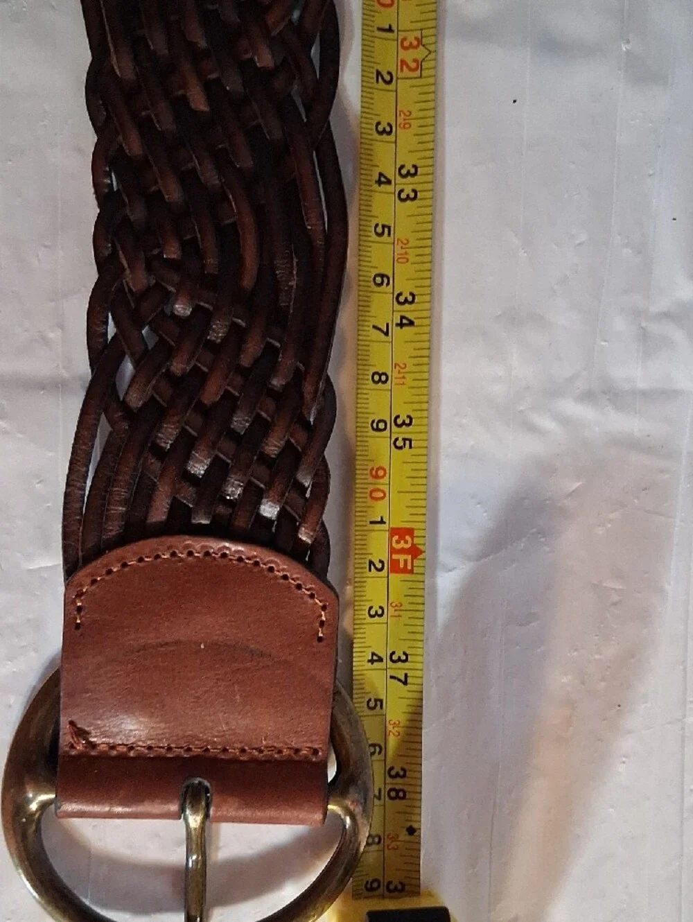 Fossil Woven Brown Leather Belt with Brass Ring Buckle